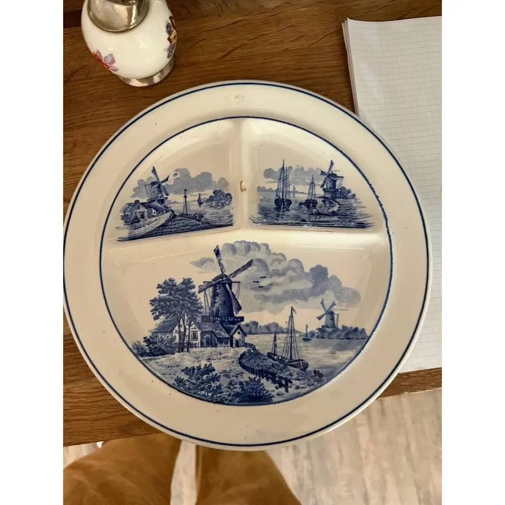 Vintage German Porcelain Divided Dinner Plate Windmills & Boats White Blue